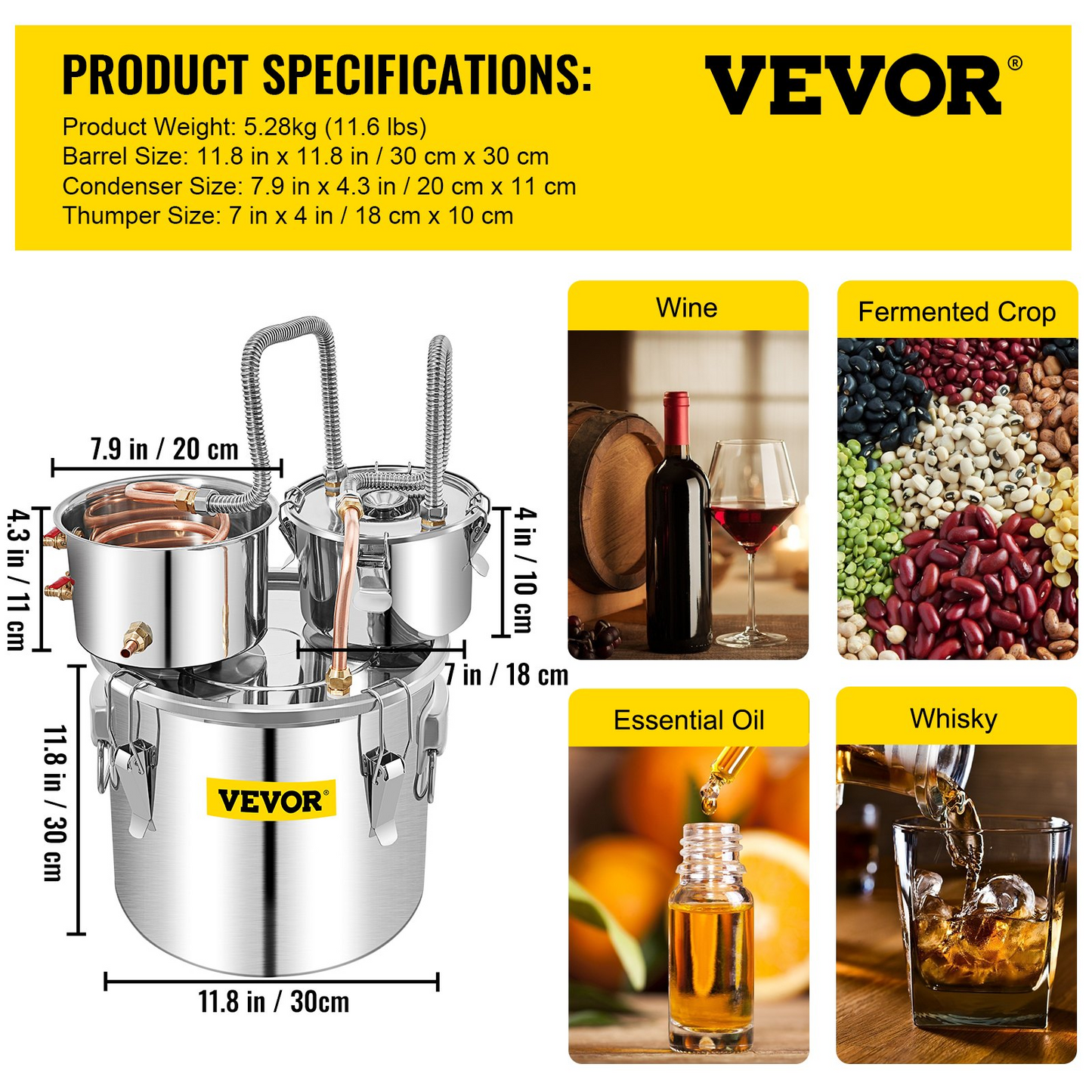 VEVOR Alcohol Still 5 Gal 19L Water Alcohol Distiller Copper Tube With Circulating Pump Home Brewing Kit Build-in Thermometer for DIY Whisky Wine Brandy, Stainless Steel, 3 Pots