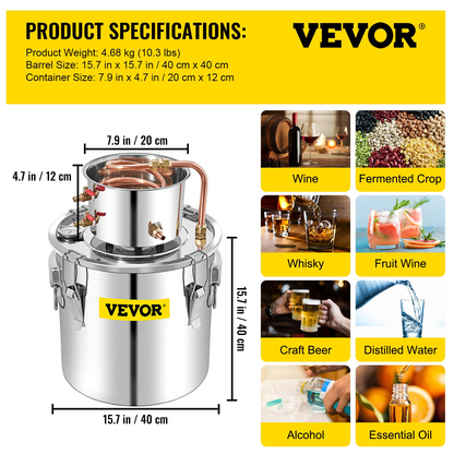 VEVOR Alcohol Still, 50L Distillery Kit w/Condenser & Pump, 13.2Gal Alcohol Still w/Copper Tube, Whiskey Distilling Kit w/Build-in Thermometer, Whiskey Making Kit for DIY Alcohol, Stainless Steel