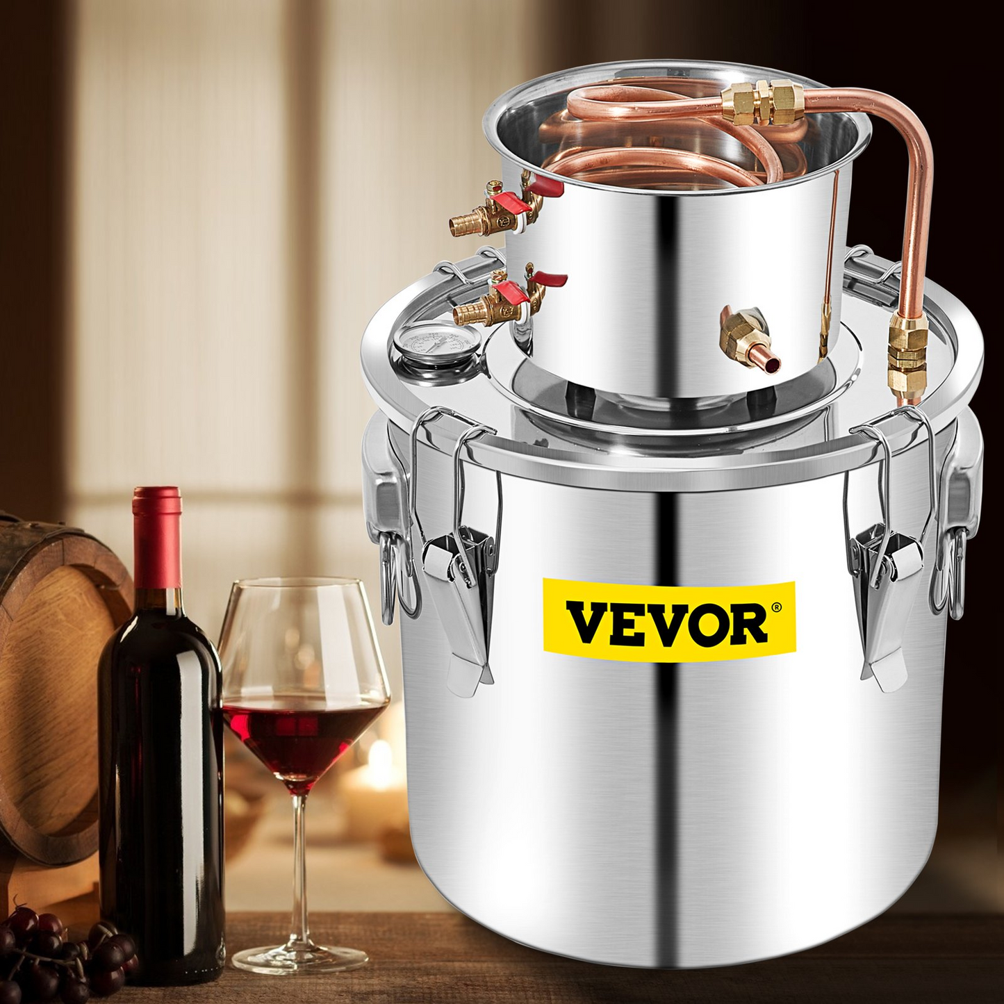 VEVOR Alcohol Still, 50L Distillery Kit w/Condenser & Pump, 13.2Gal Alcohol Still w/Copper Tube, Whiskey Distilling Kit w/Build-in Thermometer, Whiskey Making Kit for DIY Alcohol, Stainless Steel