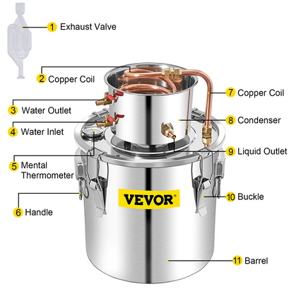 VEVOR Alcohol Still, 50L Distillery Kit w/Condenser & Pump, 13.2Gal Alcohol Still w/Copper Tube, Whiskey Distilling Kit w/Build-in Thermometer, Whiskey Making Kit for DIY Alcohol, Stainless Steel