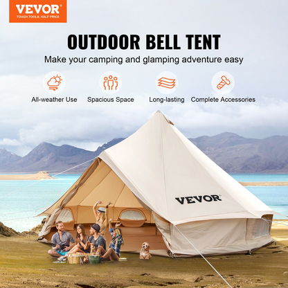 VEVOR 5-8 Person Canvas Glamping Bell Tent, Breathable Waterproof Yurt Tent with Stove Jack and Detachable Side Wall for Family Camping,13'x 13'x98"(Diameter 4M)