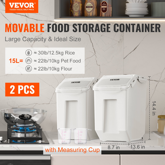 VEVOR Ingredient Storage Bin - 2 x 15L Dispenser Bin with 2 Measuring Cups, Casters, and Airtight Lid - Dog Pet Food Container