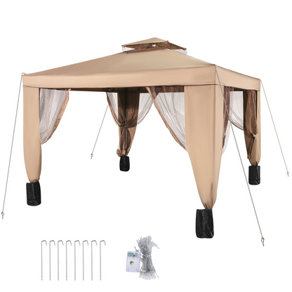 VEVOR Outdoor Canopy Gazebo Tent, Portable Canopy Shelter with 10'x10' Large Shade Space for Party, Backyard, Patio Lawn and Garden, 4 Sandbags, and Netting Included, Brown