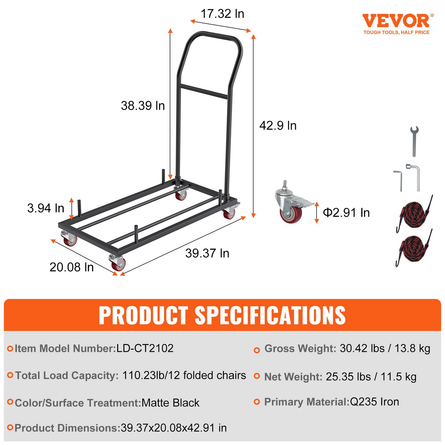 VEVOR Folding Chair Dolly, Iron Commercial Cart with 12 Chairs Capacity, Folding Chairs Rack Trolley with 4 Casters, Storage Transport Dolly for Flat Stacking Plastic Resin and Wood Chairs, Black