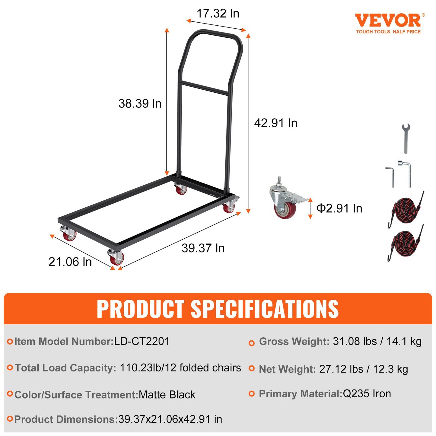 VEVOR Folding Chair Dolly, Iron Commercial Cart with 12 Chairs Capacity, Folding Chairs Rack Trolley with 4 Casters, Storage Transport Dolly for Flat Stacking Plastic Resin and Wood Chairs, Black