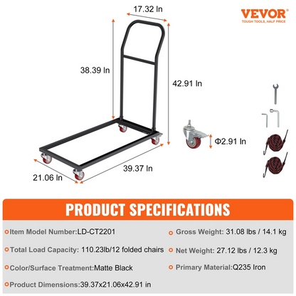 VEVOR Folding Chair Dolly, Iron Commercial Cart with 12 Chairs Capacity, Folding Chairs Rack Trolley with 4 Casters, Storage Transport Dolly for Flat Stacking Plastic Resin and Wood Chairs, Black