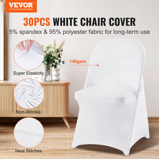 VEVOR White Stretch Spandex Chair Covers - 30 PCS, Folding Kitchen Chairs Cover, Universal Washable Slipcovers Protector, Removable Chair Seat Covers, for Wedding Party Dining Room Banquet Event