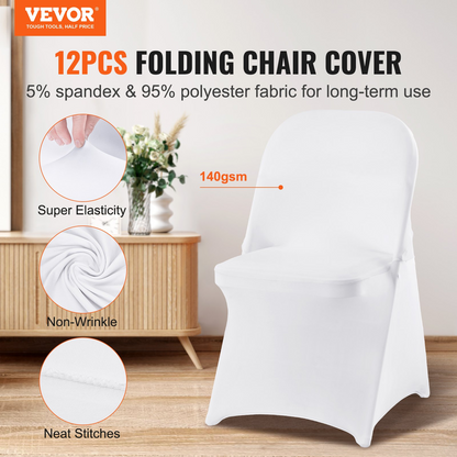 VEVOR White Stretch Spandex Chair Covers - 12 PCS, Folding Kitchen Chairs Cover, Universal Washable Slipcovers Protector, Removable Chair Seat Covers, for Wedding Party Dining Room Banquet Event