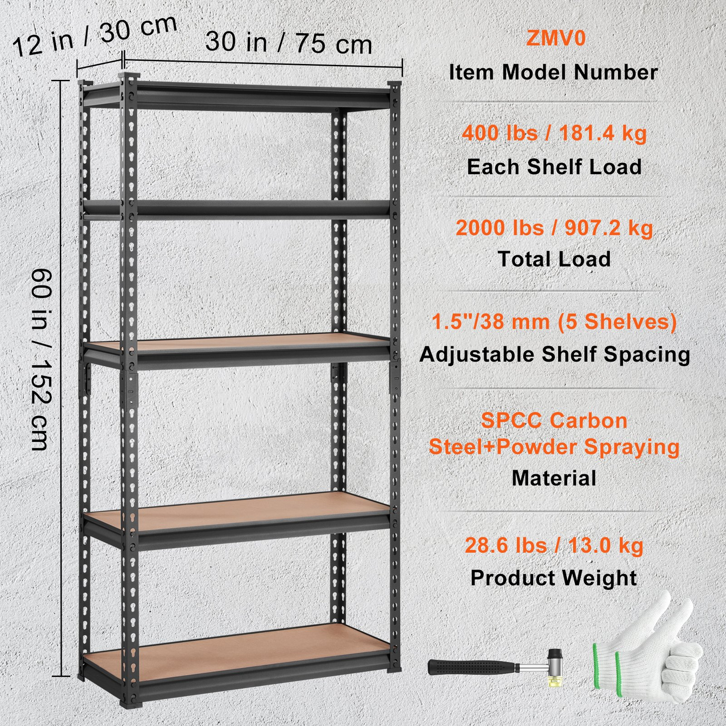 VEVOR Storage Shelving Unit, 5-Tier Adjustable, 2000 lbs Capacity, Heavy Duty Garage Shelves Metal Organizer Utility Rack, Black, 30" L x 12" W x 60" H for Kitchen Pantry Basement Bathroom Laundry