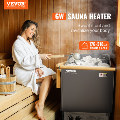 VEVOR Sauna Heater, 6KW 220V Electric Sauna Stove, Steam Bath Sauna Heater with Built-In Controls, 3h Timer and Adjustable Temp for Max. 176-318 Cubic Feet, Home Hotel Spa Shower Use, FCC Certification