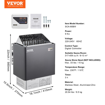 VEVOR Sauna Heater, 9KW 220V Electric Sauna Stove, Steam Bath Sauna Heater with External Digital Controller, 3h Timer and Adjustable Temp for Max. 317-459 Cubic Feet, Home Hotel Spa Shower Use, FCC Certification