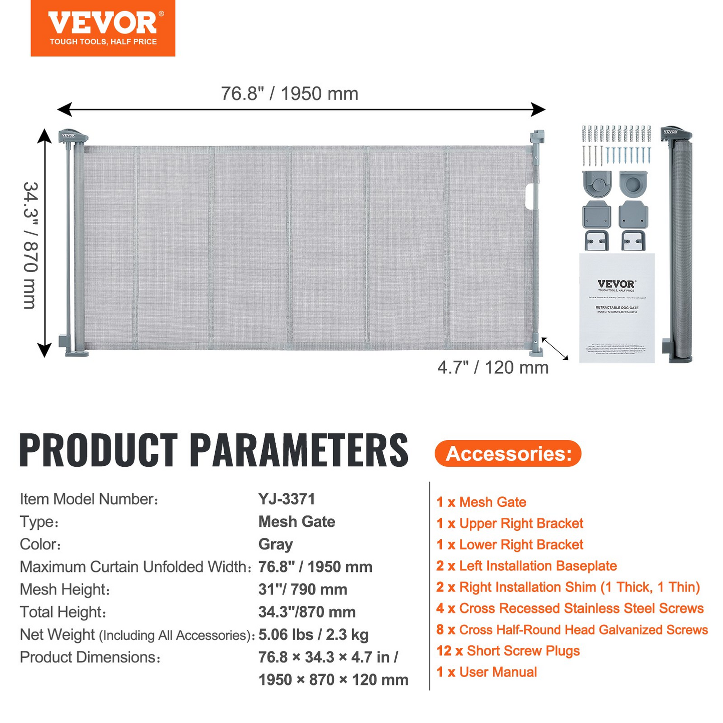 VEVOR Retractable Baby Gate, 34.2" Tall Mesh Baby Gate, Extends up to 76.8" Wide Retractable Gate for Kids or Pets, Retractable Dog Gates for Indoor Stairs, Doorways, Hallways, Playrooms, Gray