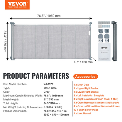 VEVOR Retractable Baby Gate, 34.2" Tall Mesh Baby Gate, Extends up to 76.8" Wide Retractable Gate for Kids or Pets, Retractable Dog Gates for Indoor Stairs, Doorways, Hallways, Playrooms, Gray