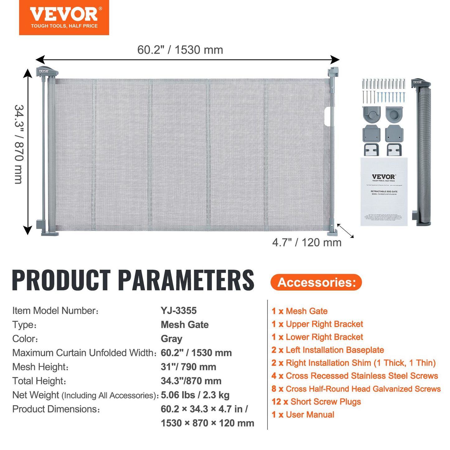 VEVOR Retractable Baby Gate, 34.2" Tall Mesh Baby Gate, Extends up to 60" Wide Retractable Gate for Kids or Pets, Retractable Dog Gates for Indoor Stairs, Doorways, Hallways, Playrooms, Gray