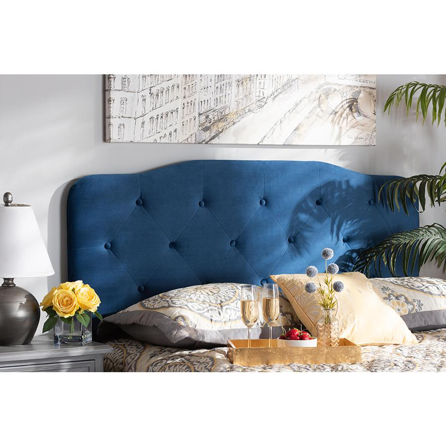 Elevate Your Bedroom with the Navy Blue Velvet Fabric Upholstered King Size Headboard