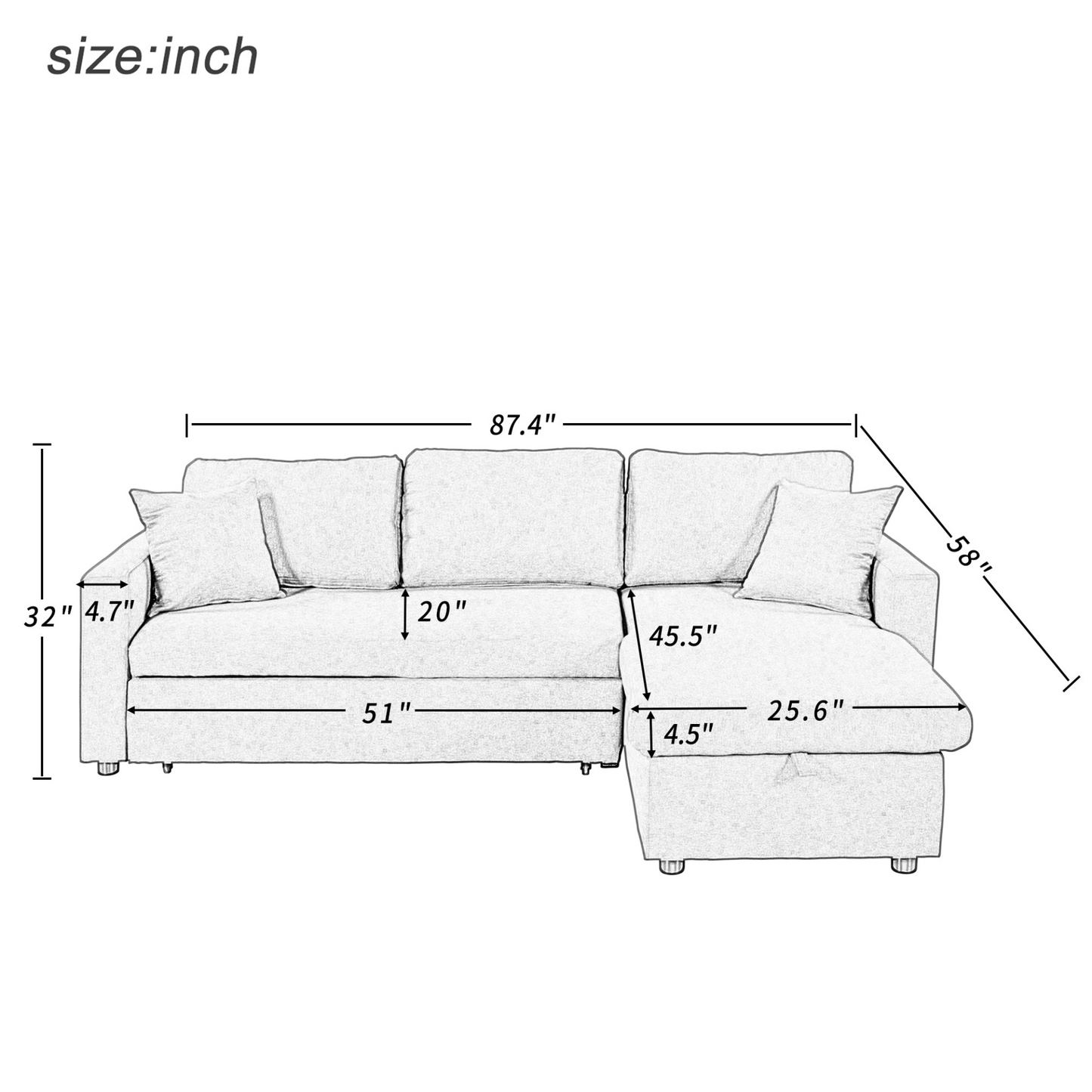 Upholstery Sleeper Sectional Sofa Grey with Storage Space, 2 Tossing Cushions