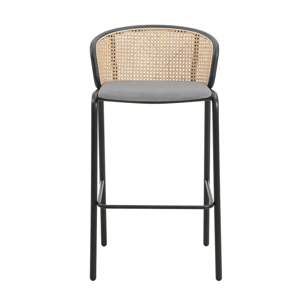 Wicker Bar Stool with Fabric Seat and Black Powder Coated Steel Frame - Navarrete Furniture