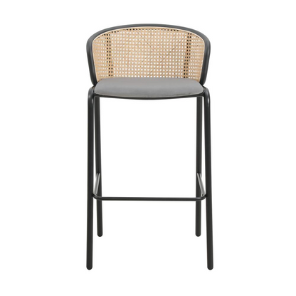 Wicker Bar Stool with Fabric Seat and Black Powder Coated Steel Frame - Navarrete Furniture