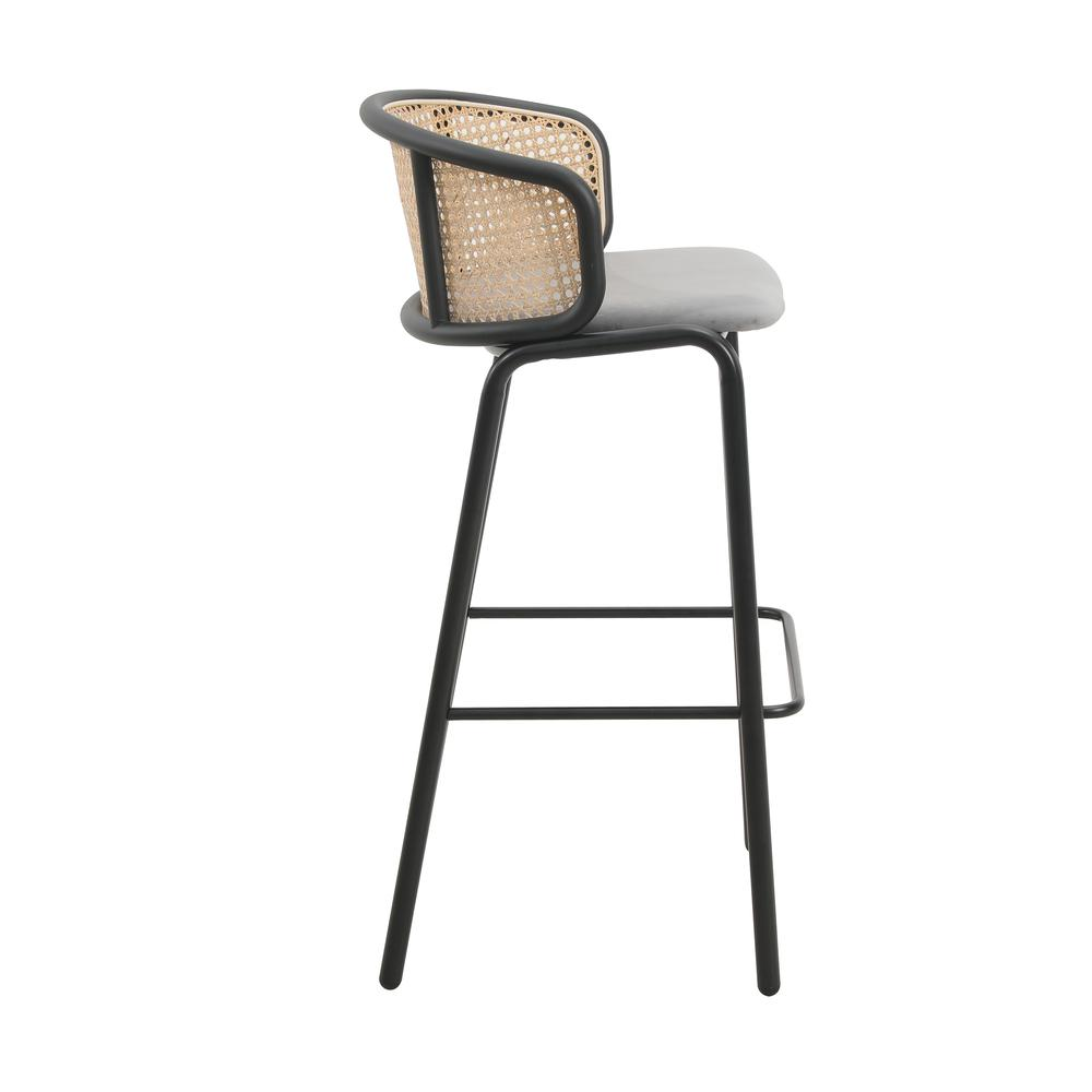 Wicker Bar Stool with Fabric Seat and Black Powder Coated Steel Frame - Navarrete Furniture