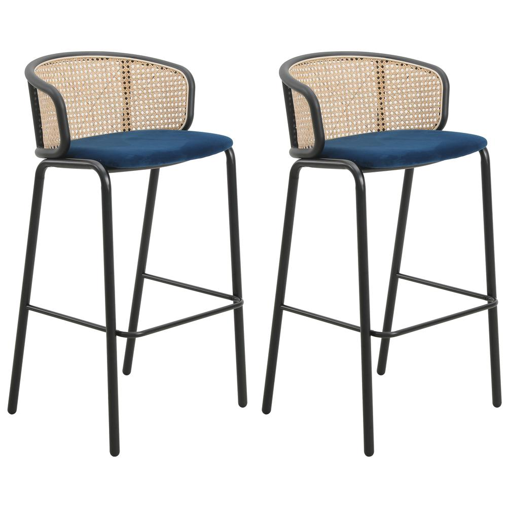 Wicker Bar Stool with Fabric Seat and Black Powder Coated Steel Frame, Set of 2 - Navarrete Furniture