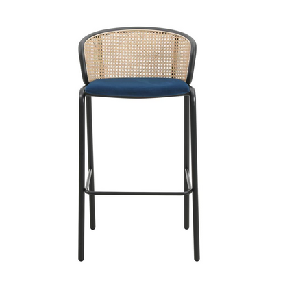 Wicker Bar Stool with Fabric Seat and Black Powder Coated Steel Frame, Set of 2 - Navarrete Furniture