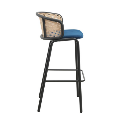 Wicker Bar Stool with Fabric Seat and Black Powder Coated Steel Frame, Set of 2 - Navarrete Furniture