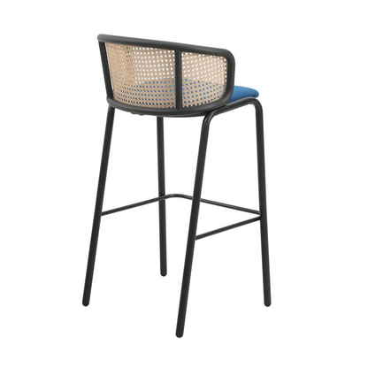 Wicker Bar Stool with Fabric Seat and Black Powder Coated Steel Frame, Set of 2 - Navarrete Furniture