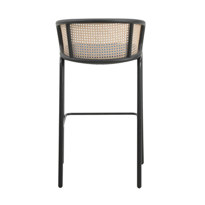 Wicker Bar Stool with Fabric Seat and Black Powder Coated Steel Frame, Set of 2 - Navarrete Furniture