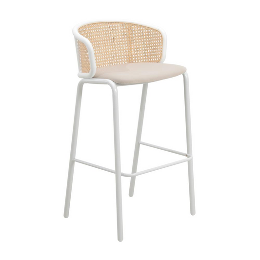 Chic Wicker Bar Stool with Fabric Seat & White Powder Coated Steel Frame