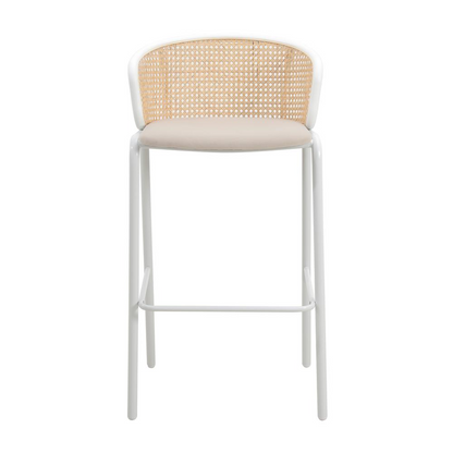 Chic Wicker Bar Stool with Fabric Seat & White Powder Coated Steel Frame