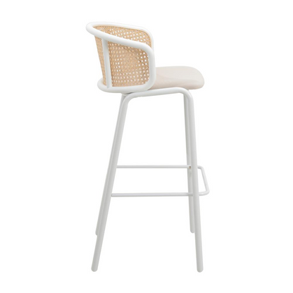 Chic Wicker Bar Stool with Fabric Seat & White Powder Coated Steel Frame