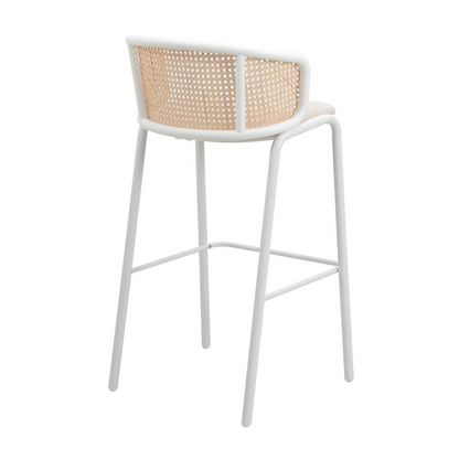 Chic Wicker Bar Stool with Fabric Seat & White Powder Coated Steel Frame