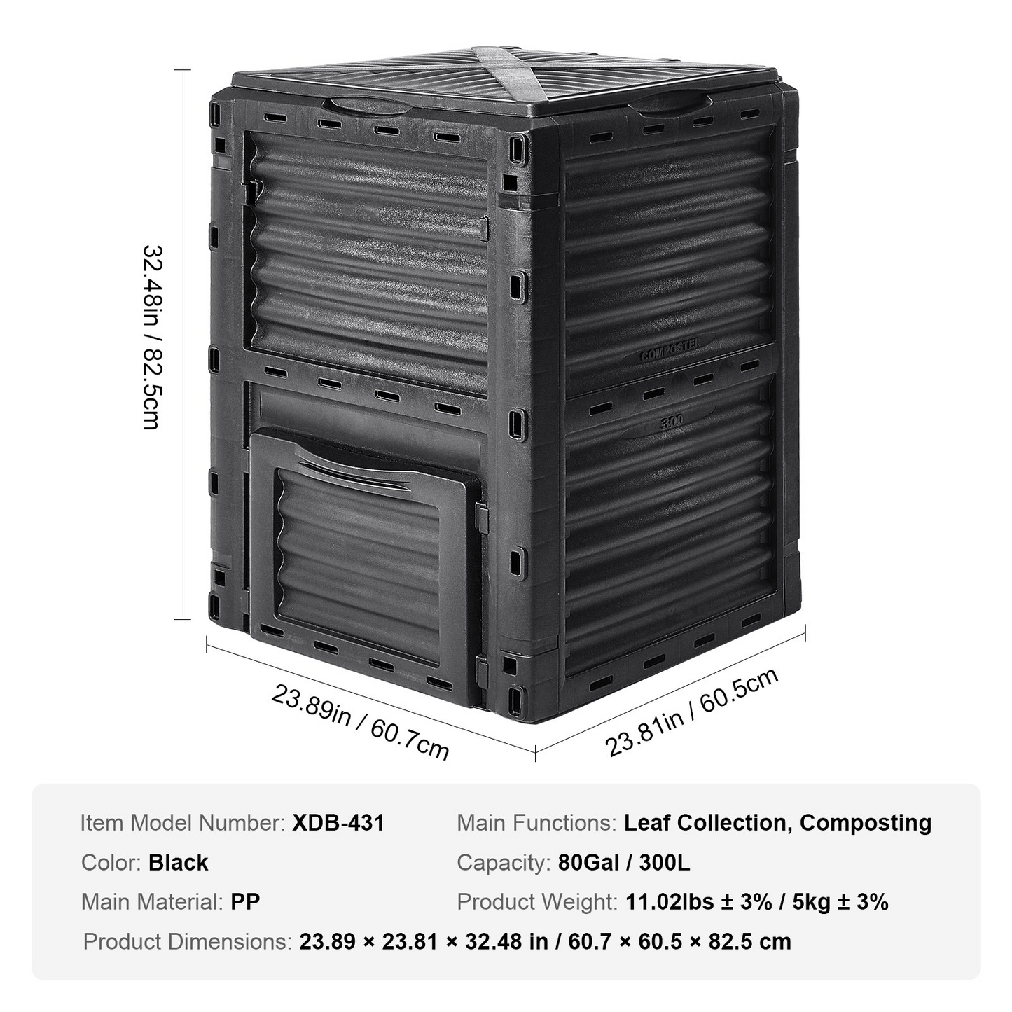 VEVOR Garden Compost Bin 80 Gal, BPA Free Composter, Large Capacity Outdoor Composting Bin with Top Lid and Bottom Door, Easy Assembling, Lightweight, Fast Creation of Fertile Soil