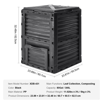 VEVOR Garden Compost Bin 80 Gal, BPA Free Composter, Large Capacity Outdoor Composting Bin with Top Lid and Bottom Door, Easy Assembling, Lightweight, Fast Creation of Fertile Soil