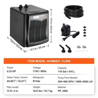 VEVOR Aquarium Chiller, 110 Gal 416 L, 1/3 HP Hydroponic Water Chiller, Quiet Refrigeration Compressor for Seawater and Fresh Water, Fish Tank Cooling System with Pump/Hose, for Jellyfish, Coral Reef