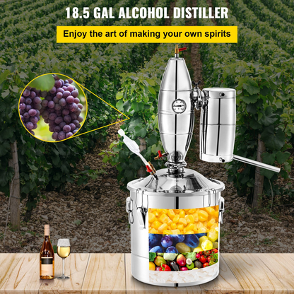 VEVOR 70L 18.5Gal Water Alcohol Distiller 304 Stainless Steel Alcohol Still Wine Making Boiler Home Kit with Thermometer for Whiskey Brandy Essential, Sliver