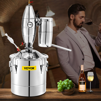 VEVOR 50L 13.2Gal Water Alcohol Distiller 304 Stainless Steel Alcohol Still Wine Making Boiler Home Kit with Thermometer for Whiskey Brandy Essential, Sliver