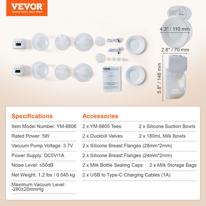 VEVOR Breast Pump, Wearable Electric Breast Pumps Hands Free, 4 Mode & 12 Levels, 300mmHg Strong Suction, Ultra-Quiet Rechargeable Portable Breastfeeding Pump with LED Display, 24mm Insert/28mm Flange