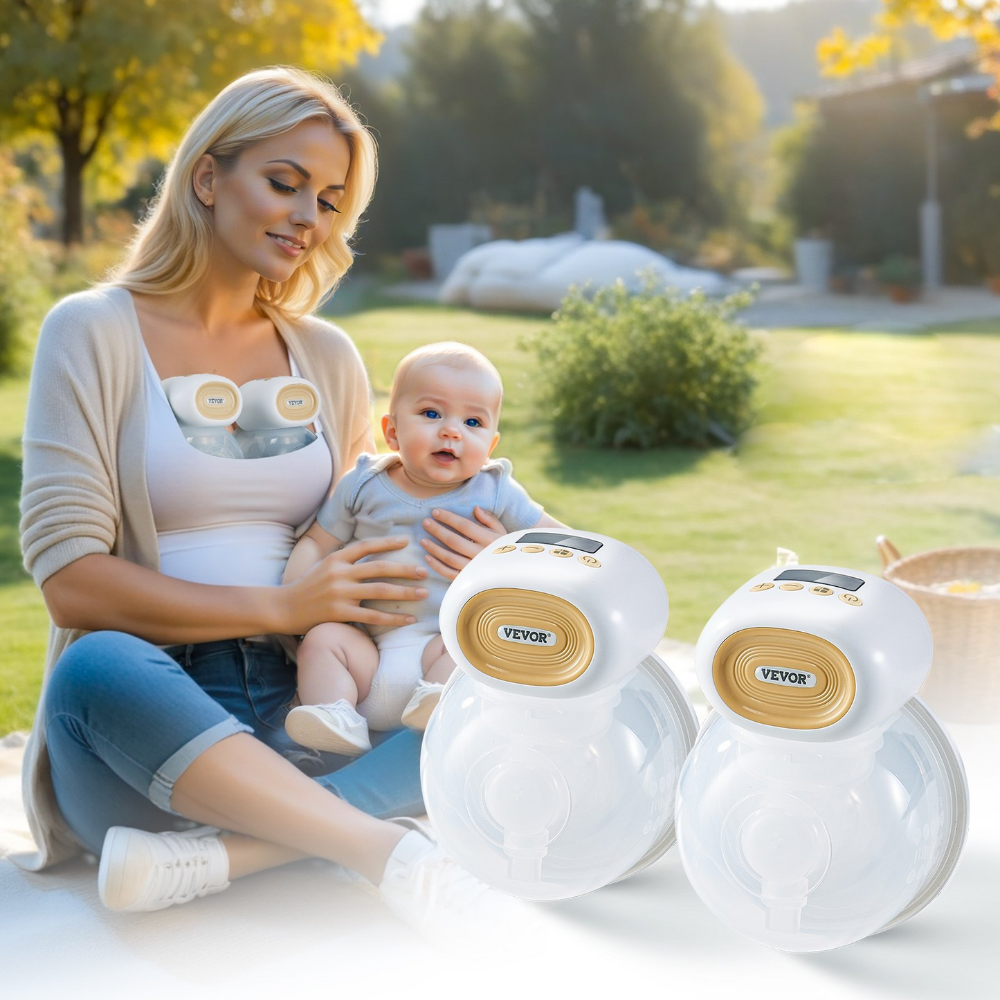 VEVOR Breast Pump, Wearable Electric Breast Pumps Hands Free, 4 Mode & 12 Levels, 300mmHg Strong Suction, Ultra-Quiet Rechargeable Portable Breastfeeding Pump with LED Display, 24mm Insert/28mm Flange