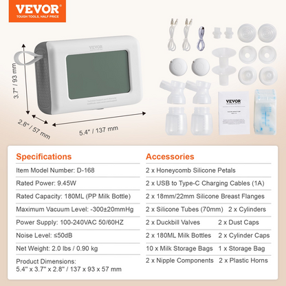 VEVOR Breast Pump, Single/Double Adjustable Electric Breast Pumps, 4 Modes & 9/15 Levels, Reciprocating Piston Pumps, 4000mAH Anti-Backflow Breastfeeding Pump with 300mmHg High Suction, 18/22mm Flange