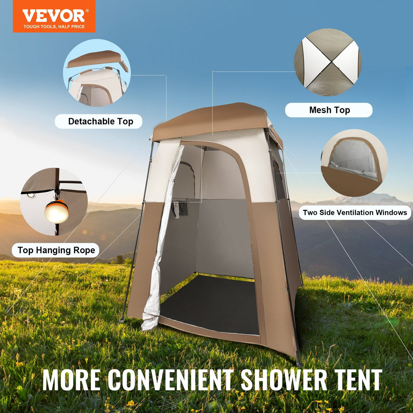 VEVOR Camping Shower Tent, 66" x 66" x 87" 1 Room Oversize Outdoor Portable Shelter, Privacy Tent with Detachable Top, Pockets, Hanging Rope and Clothesline, for Dressing, Changing, Toilet, Bathroom