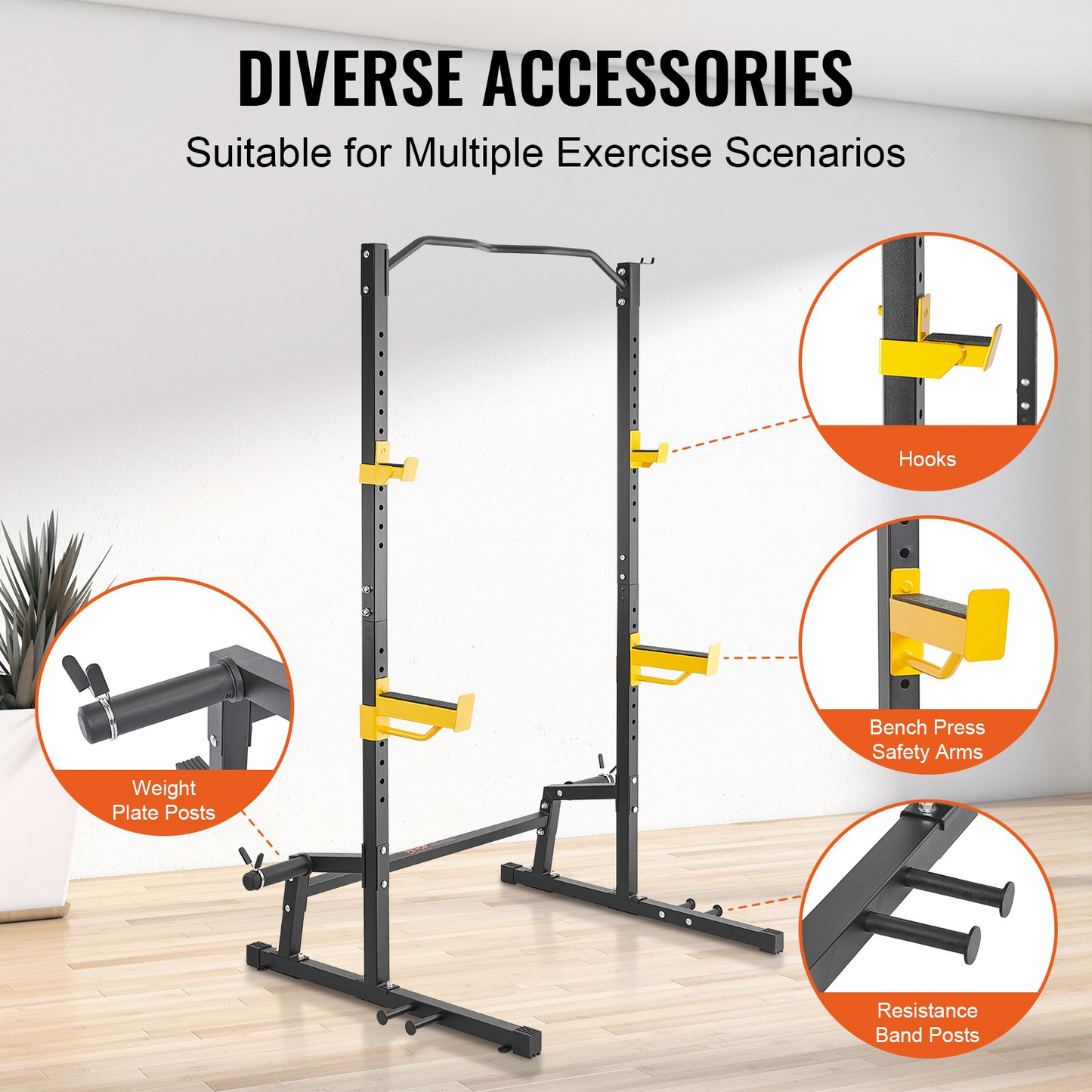 VEVOR Squat Stand Power Rack, Multi-Functional Power Rack with Pull up Bar, Hook, and Weight Plate Storage Attachment, Adjustable Power Rack Cage, Steel Exercise Squat Stand for Home Gym Equipment