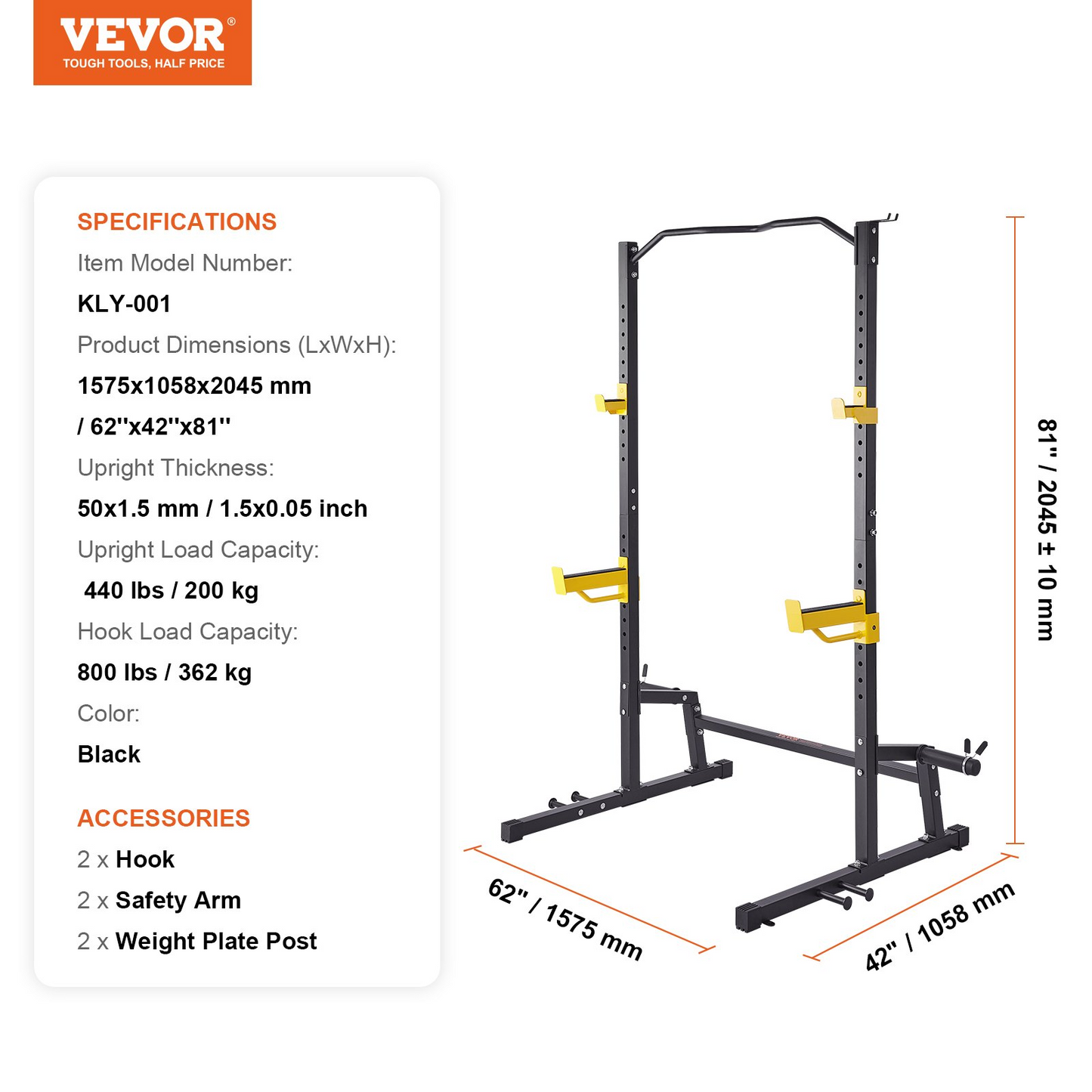 VEVOR Squat Stand Power Rack, Multi-Functional Power Rack with Pull up Bar, Hook, and Weight Plate Storage Attachment, Adjustable Power Rack Cage, Steel Exercise Squat Stand for Home Gym Equipment