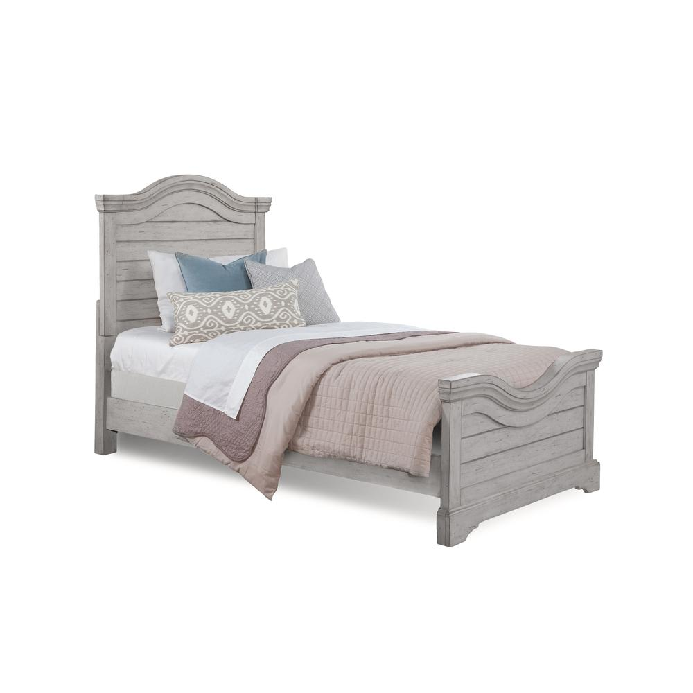 Stonebrook Twin Bed Complete - Antique Gray Finish, Arched Headboard, Planked Footboard