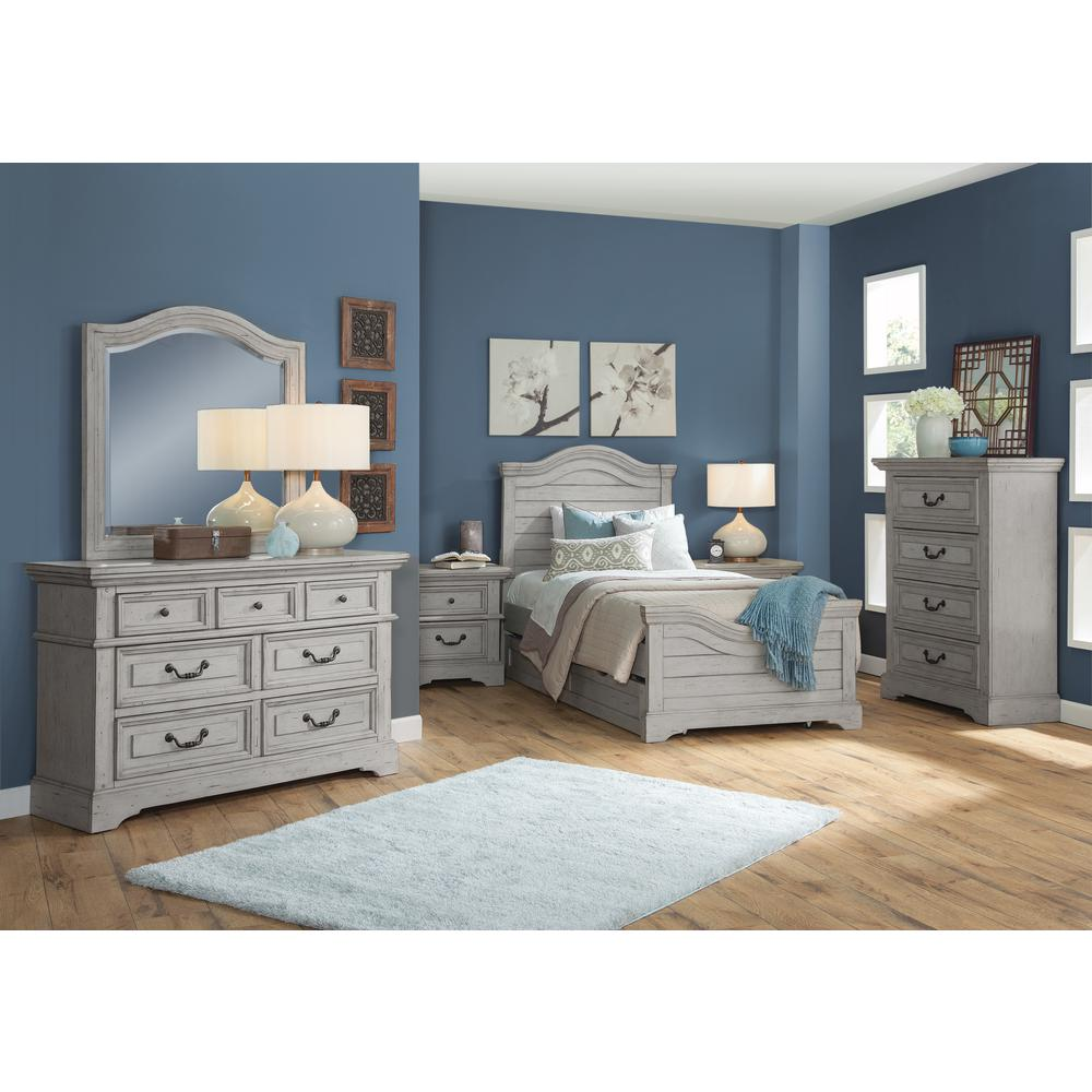 Stonebrook Twin Bed Complete - Antique Gray Finish, Arched Headboard, Planked Footboard