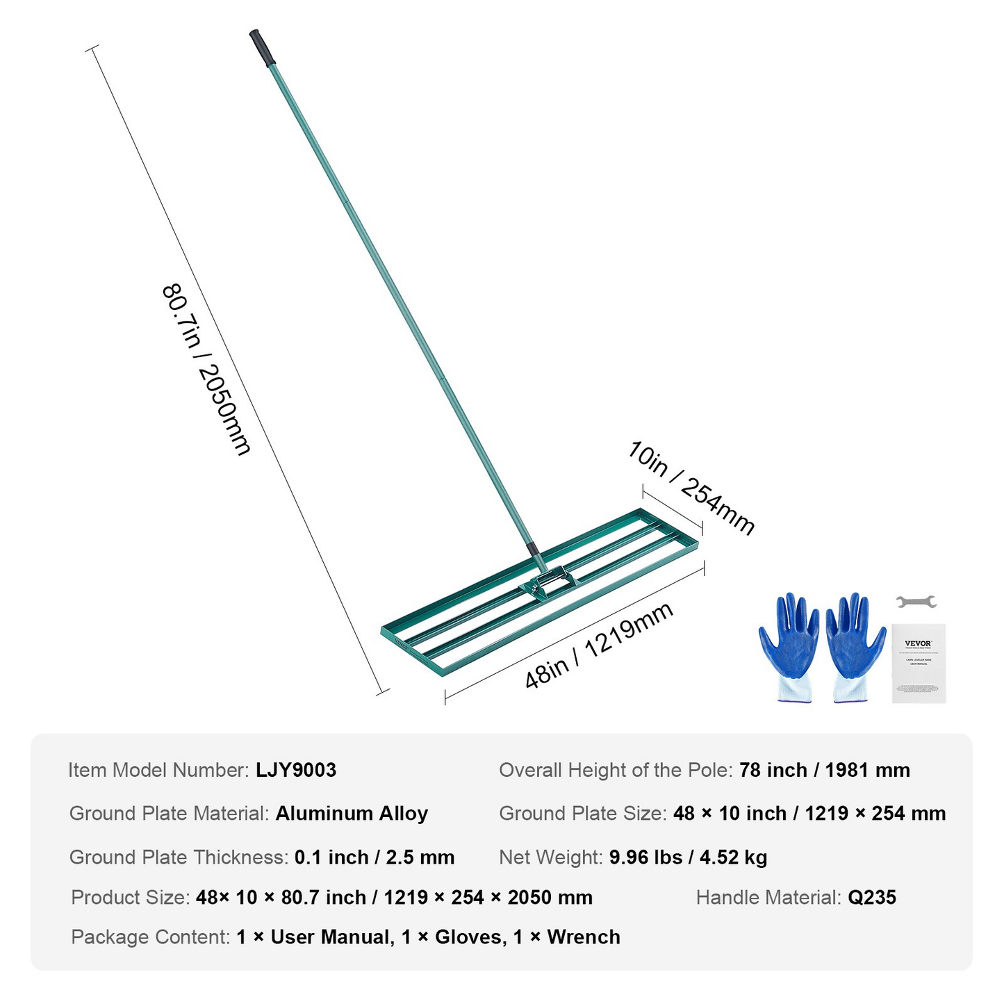 VEVOR 48"x10" Lawn Leveling Rake, Heavy-Duty Yard Tool with 78" Handle