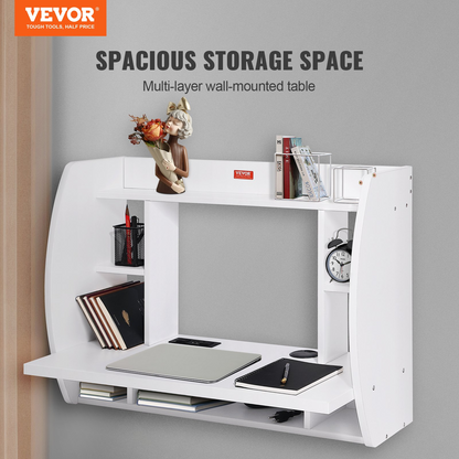 VEVOR Wall Mounted Floating Desk | Space-Saving Desk with Power Socket & Shelves