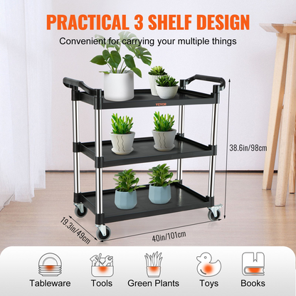 VEVOR Utility Service Cart with Wheels 3-Tier Food Service Cart 220lbs Capacity