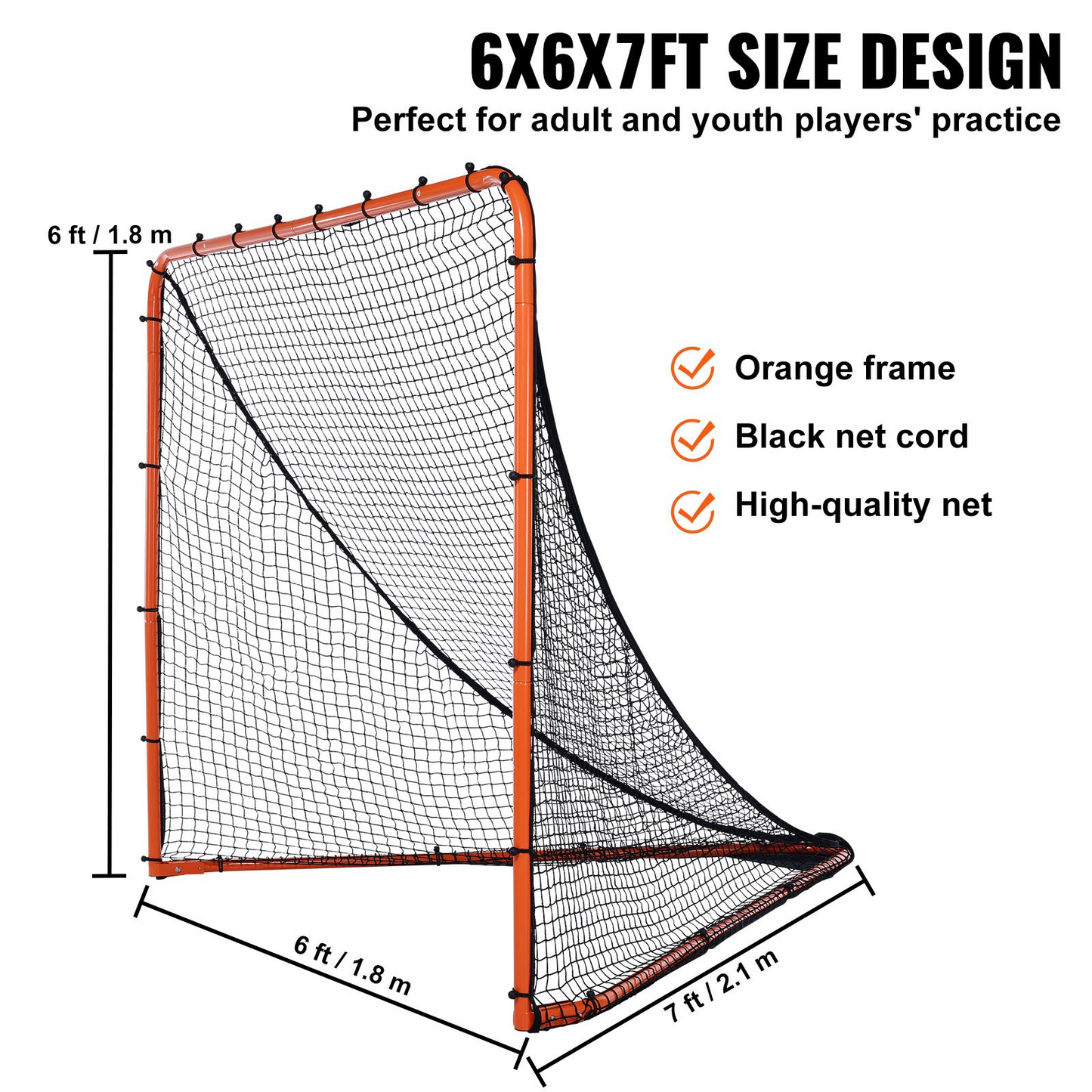 VEVOR Lacrosse Goal, 6' x 6' Lacrosse Net, Folding Portable Backyard Lacrosse Training Equipment, Steel Frame Training Net, Quick & Easy Setup Lacrosse Goal, Perfect for Youth Adult Training, Orange