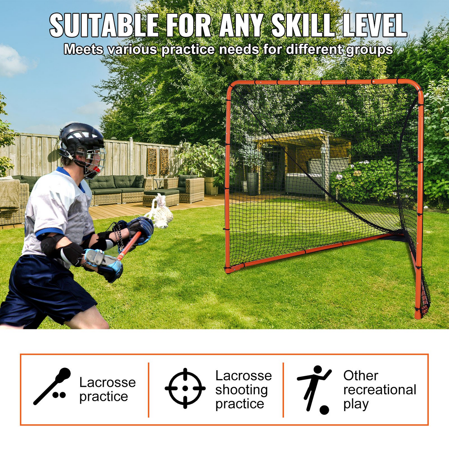 VEVOR Lacrosse Goal, 6' x 6' Lacrosse Net, Folding Portable Backyard Lacrosse Training Equipment, Steel Frame Training Net, Quick & Easy Setup Lacrosse Goal, Perfect for Youth Adult Training, Orange